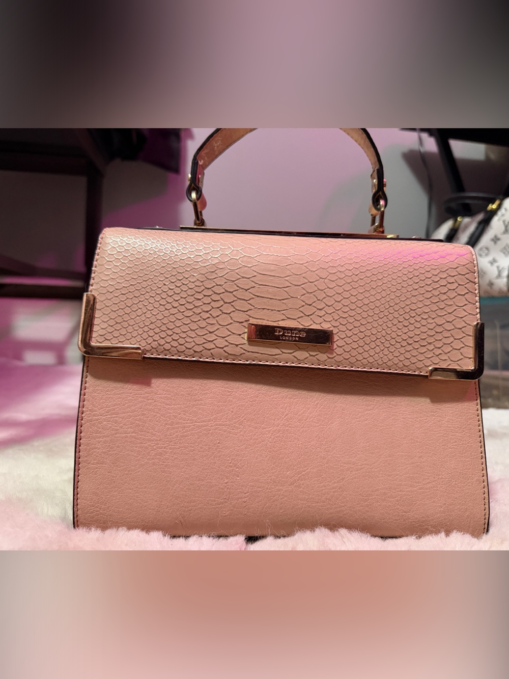 Dune London Blush Pink Snake-Embossed Top-Handle Satchel